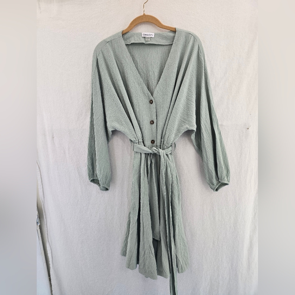 Calvin KLEIN sage Green Gauzy Full Button L Sleeve Belted Pockets Dress Ladies 6 - Picture 2 of 10